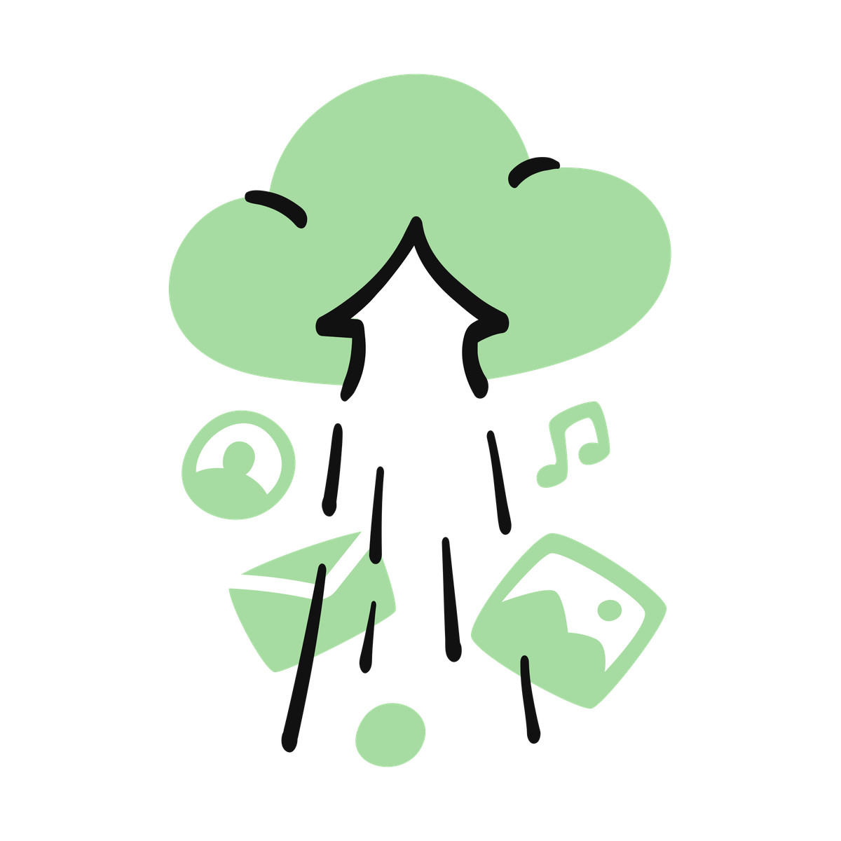 下载 Organic 风格的 Cloud upload arrow with photos music and video media files 插画，支持 PNG、SVG 格式