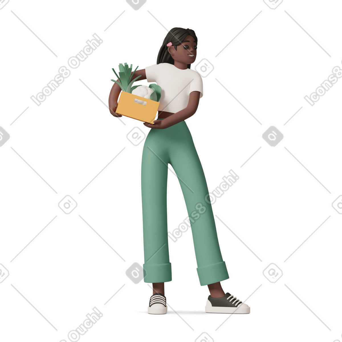 Black girl holding box of vegetables illustrazione in stile 3D Casual life scarica in PNG, SVG