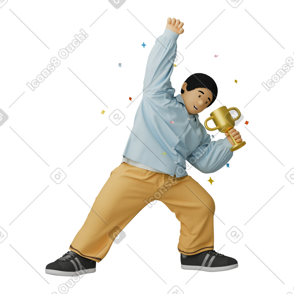 Winner posing with prize, Motivation and goal accomplishment illustration in 3D Kindy style download in PNG, SVG