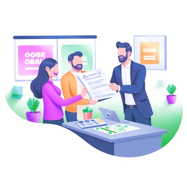 A modern pastel illustration depicting a happy couple standing in a bright office, beaming with joy as they receive loan approval papers from a smiling banker. The banker, dressed in professional attire, extends the papers with a friendly expression. The couple, a man and a woman, are holding hands and displaying excitement. They are surrounded by potted plants and a desk with financial documents and a calculator, emphasizing the positive atmosphere of the moment. The walls of the office are adorned with motivational quotes framed in pastel colors.