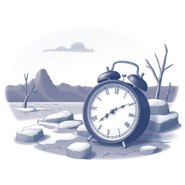 A clock with intricate details, featuring Roman numerals and ornate hands, is frozen at "12:00." The clock is placed prominently in the foreground. Surrounding the clock is a desolate landscape covered in snow, with barren trees and rocky outcrops partially obscured by frost. The ground is a mix of cracked earth and patches of ice, creating a stark contrast. In the distance, a darkened horizon with a few scattered clouds adds to the somber atmosphere. The overall scene conveys a sense of stillness and abandonment.