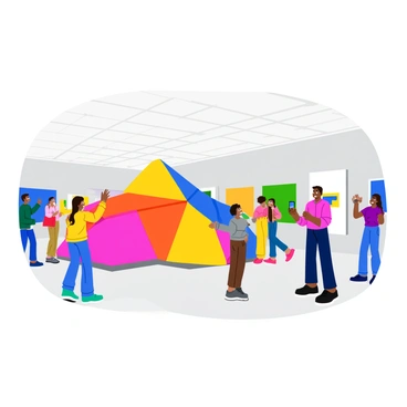 A spacious gallery filled with bright, colorful modern art installations. Several visitors, including children and adults, are interacting with a large, multi-dimensional sculpture that features vibrant geometric shapes. Some visitors are touching the sculpture, while others are taking photos. The walls of the gallery are adorned with various abstract paintings in bold colors. Soft, diffused lighting illuminates the space, creating a lively atmosphere. "Interactive Art" is displayed prominently on a nearby sign.