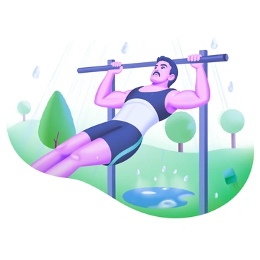 A dedicated athlete is performing chest dips on a sturdy metal dip bar. The athlete, wearing a fitted tank top and athletic shorts, displays a focused expression. Raindrops are falling around, creating splashes on the ground. Their muscular arms are engaged, and beads of water are visible on their skin. The background features a blurred park scene with green trees and wet grass, emphasizing the rainy atmosphere. A small puddle forms at the athlete's feet, reflecting their determined stance.