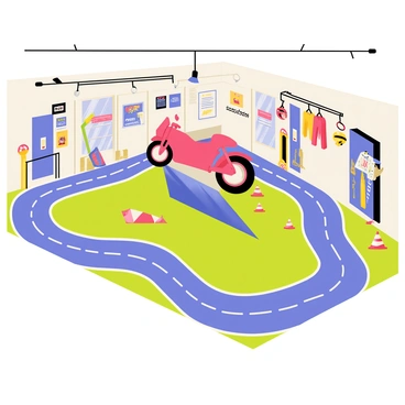 A garage filled with various motorcycle parts and tools. In the center, a bright red motorcycle is positioned on a raised platform. The walls of the garage are adorned with racing posters and checkered flags. A transformation occurs as the floor morphs into a sleek, winding racetrack with vibrant green grass lining the edges. There are ramps and cones scattered throughout the track. Above, bright lights illuminate the scene, creating an energetic atmosphere. A few helmets and racing suits hang on hooks, ready for the next race.