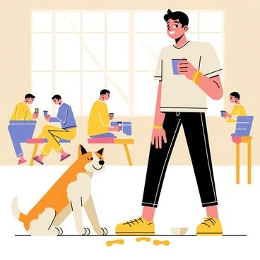 A friendly dog sitting by its owner's feet in a pet-friendly cafe
