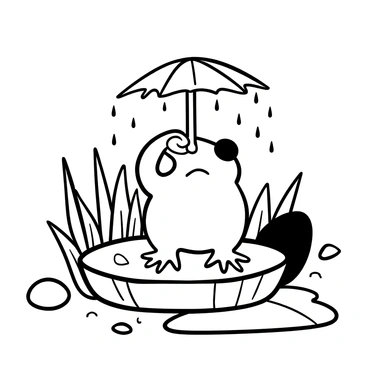 A frog standing on a lily pad, holding a large leaf above its head as an umbrella. Raindrops are shown falling around it, creating ripples on the surface of the water. The frog's body is plump and has textured skin, and it is looking content. The background consists of tall grasses and other lily pads, with a few more leaves scattered in the scene.