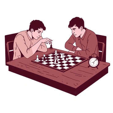 Two players are focused on an intense game of chess at a wooden table. The table has a rich, dark brown finish, with visible wood grain patterns. Each player has a serious expression, with one player leaning forward slightly, their hand hovering above a knight piece. The chessboard is positioned in the center of the table, featuring contrasting black and white squares. Beside the board, a small clock is ticking down the time for each player. The room is dimly lit, emphasizing the concentration on the players' faces as they strategize their next moves.