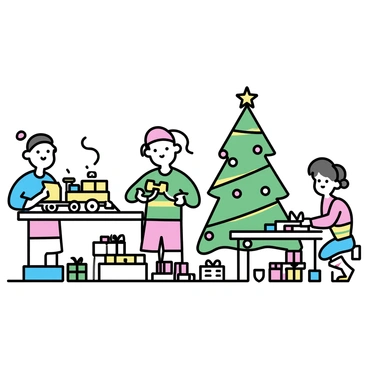 A scene of "Santa's workshop" filled with "busy elves" engaged in "making toys". There are "three elves", one with pointy ears wearing a green shirt and red hat, using a hammer on a wooden toy train. Another elf, in a blue outfit with yellow stripes, is painting colorful blocks on a nearby table. The third elf, dressed in a red and white outfit, is stacking completed toys in a corner. The workshop is cluttered with tools, colorful wrapping paper, and toys of all shapes and sizes scattered around. "A large decorated Christmas tree" stands in the background, adorned with shiny ornaments and a star on top.
