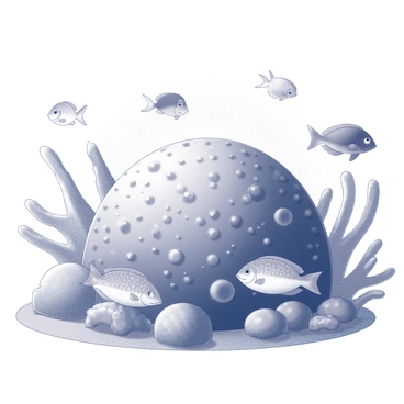 A colorful underwater scene featuring a large sea sponge surrounded by vibrant fish and coral.