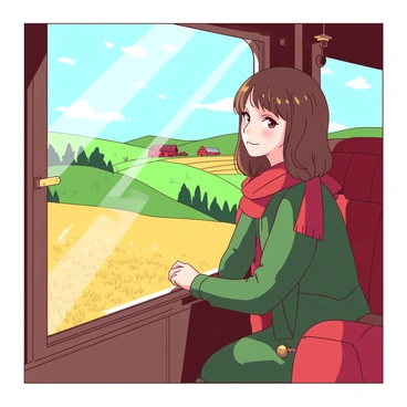 A character with medium-length brown hair, wearing a green coat and a red scarf, is sitting by a large window of a vintage train. The glass is slightly reflective, showing the character's thoughtful expression as they gaze out. Outside, rolling green hills and fields of golden wheat stretch into the distance, dotted with clusters of trees and an occasional red barn. The train's wooden interior is adorned with brass fittings and plush red seats, enhancing the nostalgic atmosphere of the scene. Sunlight streams in through the window, casting soft shadows across the character's face.