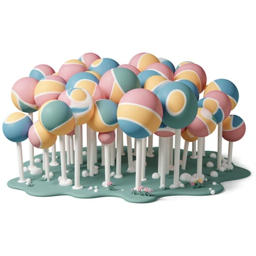 A forest scene where the trees are giant, colorful lollipops