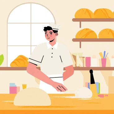 A baker wearing a white apron and a chef's hat is standing in a traditional boulangerie. The baker is skillfully kneading a large mound of dough on a wooden table, with flour dusting the surface. Around the baker, there are various baking tools, including a rolling pin and measuring cups. Shelves in the background are stocked with freshly baked loaves of bread, and a warm, inviting atmosphere fills the shop. A large window lets in natural light, illuminating the baker's focused expression as they prepare the dough for bread.