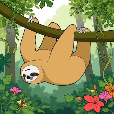 A sloth with light brown fur and a gentle expression is hanging upside down from a thick green tree branch. Its long limbs are wrapped around the branch, and its claws are visible, gripping tightly. The sloth's eyes are closed, conveying a sense of relaxation. Surrounding the sloth, the dense Costa Rican jungle is filled with various shades of green from lush leaves and tall trees. Brightly colored tropical flowers and vines drape around the branch, adding splashes of color to the scene. Sunlight filters through the canopy, casting dappled light on the sloth and the surrounding foliage.