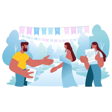 A group of students is standing on a university campus, eagerly handing out "refer-a-friend" flyers for a local event. One student is wearing a bright t-shirt and is gesturing enthusiastically while offering a flyer to a passerby. Another student is holding a stack of flyers, smiling as they talk to a small group of interested friends. The campus is filled with trees and benches, creating a vibrant atmosphere. Colorful banners announcing the local event are hanging in the background, enhancing the lively scene.