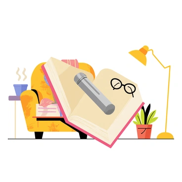 A silver lighter resting on the open pages of a thick, hardcover book. The book has a cream-colored cover with ornate designs. The reading nook is filled with a plush, patterned armchair in warm shades of brown and orange. A soft, knitted blanket is draped over the armchair. A small wooden side table next to the chair holds a steaming cup of tea and a pair of reading glasses. The nook is warmly lit by a vintage floor lamp with a soft yellow shade. A potted plant can be seen in the corner, adding a touch of greenery to the space.
