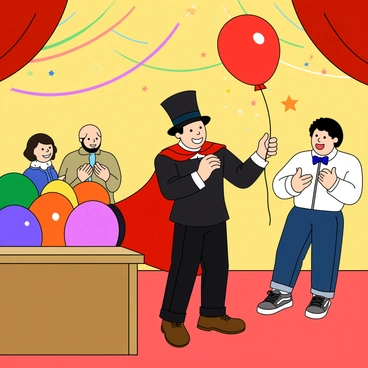 A magician with a black top hat and a red cape is in the center of a colorful stage. He has short black hair and a cheerful smile. In his hands, he is holding a bright red balloon that is slowly floating in the air. The balloon has started to change shape, transforming from a round balloon into a star shape while sparkles surround it. Various colorful streamers hang from the ceiling, and the audience in the background is captivated by the performance, with some clapping and some gasping in surprise. The magician has a wooden table beside him, covered with various other balloons in different colors and shapes.