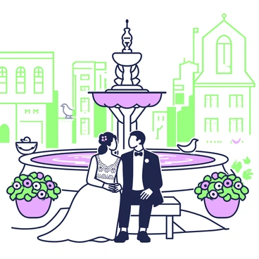 A bride and groom are sitting together on a stone bench beside a grand fountain in an old European square. The fountain is intricately designed, featuring elegant sculptures and flowing water. The bride is wearing a traditional white wedding gown with lace details, and her hair is styled in an updo adorned with flowers. The groom is dressed in a classic black tuxedo with a white shirt and a bowtie. Surrounding them are cobblestone pathways and historic buildings with ornate facades. Potted plants with vibrant flowers are placed around the square, enhancing the romantic atmosphere. A few pigeons are perched on the fountain's edge, adding life to the scene.
