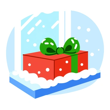 A gift box wrapped in shiny red paper and topped with a large green bow. The surface of the box is adorned with white snowflake patterns. The box is placed on a snowy windowsill, which is covered in a thick layer of fresh, fluffy snow. Outside the window, a gentle snowfall is visible, with small snowflakes dancing in the air. The scene is brightened by soft, warm light coming from the inside of the house, creating a cozy atmosphere.