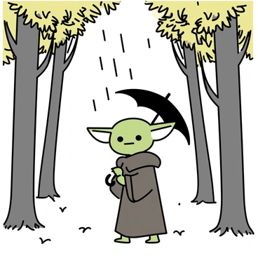 A small green alien with pointed ears, resembling Yoda, is walking through a dense forest. He is holding a tiny black umbrella that is slightly tilted to shield him from the falling rain. The trees around him are tall and lush, their leaves glistening with droplets of water. The ground is muddy and covered with patches of grass, reflecting the grayness of the overcast sky. Yoda’s robes are dark brown, slightly damp from the rain.