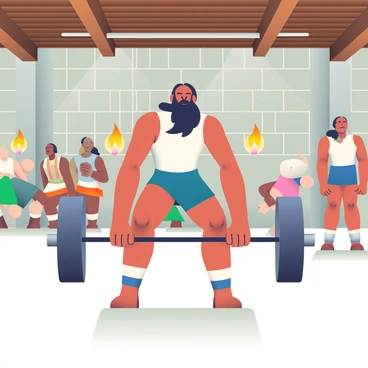 A young Achilles with olive skin and long, dark hair is training vigorously in a Spartan-style gymnasium. He is wearing a simple, sleeveless tunic that exposes his muscular arms. The gymnasium features stone walls and wooden beams, with torches casting a warm glow. Achilles is performing a powerful lift with a heavy iron barbell, his muscles straining with effort. In the background, there are wooden training dummies and other warriors practicing their techniques. The atmosphere is filled with intensity and determination as he focuses on his training.