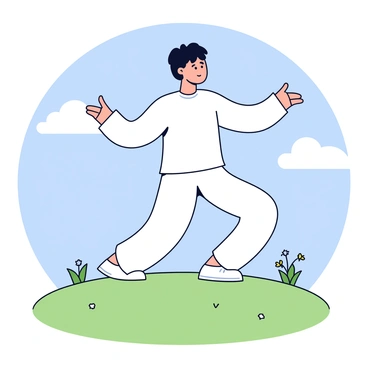 A practitioner in a qi gong mountain pose stands on top of a tranquil hill. The practitioner is dressed in white comfortable clothing, with arms relaxed at their sides. The background features a clear blue sky with a few fluffy white clouds. The hill is covered in soft green grass, and there are small wildflowers scattered around. The overall scene conveys a sense of calmness and serenity.