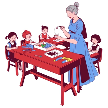 A red vintage wooden desk is positioned in a classroom setting. A vintage teacher with gray hair tied in a bun is standing beside the desk, holding a piece of charcoal in one hand and a pastel in the other. She is wearing a long blue dress with floral patterns. On the desk, there are various artistic tools spread out, including colorful pastels in a white tray and several sticks of charcoal scattered around. In the background, there are eager students seated at their desks, looking attentively at the teacher as she demonstrates how to use the tools.