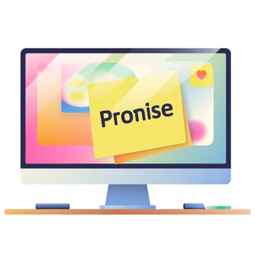 A large computer monitor is in the center of the image, with a sleek black frame. On the screen, there is a bright, colorful wallpaper. A yellow sticky note is attached to the bottom right corner of the monitor. The word “Promise” is written in bold, black letters across the sticky note. The note has a slight sheen, indicating it is fresh. There are reflections of light on the monitor's surface, creating a subtle glow. The desk underneath the monitor is wooden with a few scattered office supplies, such as a blue pen and a notepad.