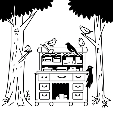 A whimsical bureau setup in the middle of a dense forest with birds nesting on top