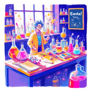 A cluttered laboratory is filled with various glass beakers and flasks containing bubbling potions in vibrant colors. A wooden table is strewn with scrolls, strange ingredients, and tools for experimentation. A notorious scientist with wild hair and round spectacles stands at the center, wearing a long, stained lab coat. Shelves filled with jars of preserved specimens line the walls. The dim light casts shadows, highlighting the curious objects scattered throughout the space. "Eureka!" is written on a nearby chalkboard in bold letters.
