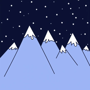 A set of towering mountains with sharp peaks and rugged terrain, all depicted in shades of gray and blue. The mountains are illuminated by pale moonlight, casting soft shadows across their surfaces. The sky above is filled with a multitude of tiny white stars, scattered across a dark background, creating a beautiful contrast against the mountains.