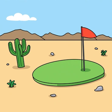 A unique golf hole set in a vast desert landscape. The hole features a bright green putting surface surrounded by smooth, sandy terrain. To the left, there is a tall, green cactus with multiple arms reaching skyward, casting a soft shadow on the ground. Sparse vegetation, including small, leafy shrubs and rocks scattered throughout the area, adds texture to the scene. The sky above is a clear blue, with a few fluffy white clouds drifting lazily. In the distance, a range of rugged, brown mountains can be seen, enhancing the desert backdrop. The flagstick, adorned with a vibrant red flag, stands proudly at the hole, inviting players to take their shot.