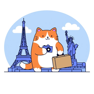 A cartoon illustration of a cat with orange and white fur standing upright. The cat is holding a vintage suitcase in one paw and a camera in the other. It is situated in front of iconic landmarks such as the Eiffel Tower, the Great Wall of China, and the Statue of Liberty. The landmarks are drawn in a simple, minimalistic style, each clearly recognizable. The background features a clear blue sky with a few fluffy white clouds.