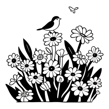 A small bird perched on a vibrant calendula flower, surrounded by numerous other calendula blooms in full bloom. The bird has delicate feathers and is observing its surroundings. The garden is filled with lush, green foliage, providing a rich backdrop of leaves and stems. Various heights of flowers create a dynamic composition, with some flowers leaning towards the sunlight while others are fully open.