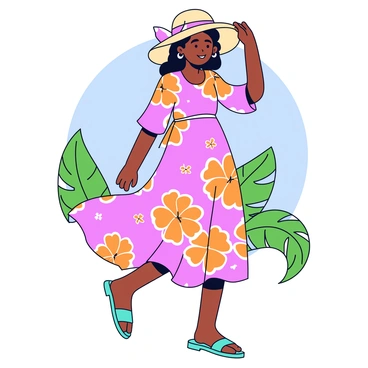 An illustration of tropical-themed fashion with vibrant colors and textured fabrics, perfect for a summer getaway.