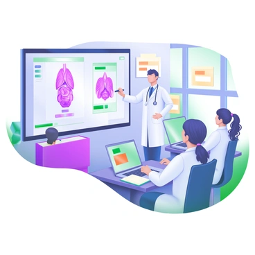 A modern pastel illustration depicting a doctor standing at the front of a university classroom. The doctor is wearing a white lab coat and holding a marker, pointing to a large screen displaying anatomical diagrams. Medical students are seated at desks, attentively listening and taking notes. The classroom is decorated with educational posters on the walls and has large windows allowing natural light to illuminate the space. Some students have laptops open, while others have textbooks and notebooks in front of them.
