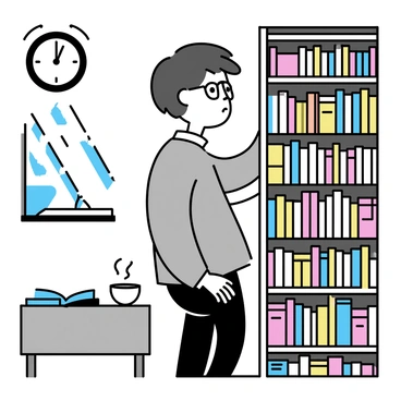 Mr. Sakamoto, a middle-aged man with short black hair, stands inside a quaint bookstore. He is wearing a gray cardigan and glasses, looking intently at a shelf filled with colorful books. The shelves are made of dark wood and are slightly worn, giving the store a cozy feel. Sunlight streams through a window, casting soft shadows on the wooden floor. A small, round table in the corner holds a steaming cup of coffee and an open book, while a vintage clock hangs on the wall, showing the time.