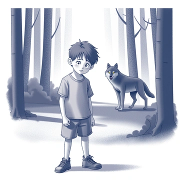 A young boy stands in a forest clearing, his expression a mix of concern and regret. He has tousled hair and is wearing a tattered shirt and shorts. His body language conveys unease as he looks to the ground, hands clenched at his sides. In the background, a large wolf with piercing eyes and a strong build approaches silently through the trees. The wolf's stance is assertive, with its ears perked and tail poised, suggesting it is alert and ready. The atmosphere in the forest is tense, with dark shadows cast by the surrounding trees, highlighting the boy's realization of the seriousness of the situation.