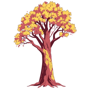 A tall, majestic tree stands prominently with a thick trunk covered in intricate, swirling patterns. The bark features a blend of "golden" and "colorful" designs, showcasing vibrant hues and bold textures. The tree's branches stretch out gracefully, adorned with an abundance of "colorful" leaves that catch the light. Some leaves are in shades of "golden," while others present vivid patterns, creating a dynamic contrast against the trunk. The scene is enriched with a soft glow that accentuates the beauty of the tree's unique features.