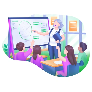 A teacher standing at the front of a colorful classroom is actively explaining a lesson. The teacher is holding a book and pointing at a whiteboard filled with diagrams and notes. In front of the teacher, a diverse group of students, including boys and girls of different ethnicities, are sitting at desks, looking engaged and attentive. Some students are raising their hands, while others are taking notes. Bright posters are hanging on the walls, adding to the lively atmosphere, and sunlight is streaming in through the windows.