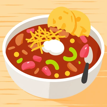 A rich and hearty bowl of "chili con carne" filled with a thick, dark red sauce. The bowl is brimming with "visible chunks of beef" intermixed with diced tomatoes, kidney beans, and green bell peppers. The chili is garnished with a sprinkle of "shredded cheddar cheese" melting on top and a dollop of "sour cream" in the center. A few "corn tortilla chips" are artistically arranged around the bowl, and there’s a small spoon resting against the side of the bowl, ready to serve. The background features a wooden table surface to enhance the rustic feel of the dish.