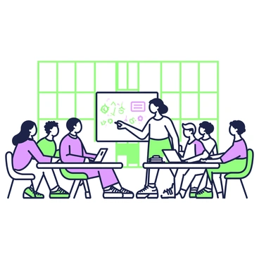 A diverse group of people is seated in a classroom attending a financial literacy workshop. In the center, a teacher stands in front of a whiteboard, pointing to key financial concepts written in green and purple markers. The attendees, both men and women of various ages and ethnic backgrounds, are focused on taking notes in their notebooks. Some have laptops open in front of them, while others hold pens and pencils. On a table to the side, there are stacks of informational brochures and handouts about budgeting and saving. The classroom features large windows letting in natural light, creating an engaging learning environment.