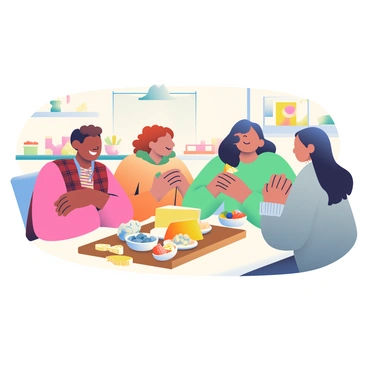A group of four friends is gathered around a rustic wooden table in a cozy cafe. They are smiling and laughing, engaging in conversation while enjoying a cheese tasting session. In front of them, an assortment of cheeses is displayed on a large wooden board, featuring different types such as creamy brie, sharp cheddar, and crumbly blue cheese. There are also small bowls of crackers, fruit, and nuts arranged around the cheese. One friend, with curly brown hair and wearing a plaid shirt, is holding a piece of cheese and offering it to another friend with long black hair in a cozy sweater. A warm, inviting ambiance fills the cafe, with soft lighting and colorful decorations adorning the walls.