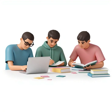 A group of three students is sitting around a table, each focused on their work. One student, wearing a blue t-shirt and glasses, is typing on a silver laptop. Another student, dressed in a green hoodie, is writing notes in a notebook, glancing at the laptop screen. The third student, in a red shirt, is flipping through a textbook, with a pen in hand, ready to jot down information. The table is cluttered with textbooks, notebooks, and colorful sticky notes, creating a vibrant study environment.