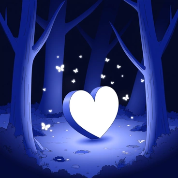 A glowing heart is situated at the center of a dark, enchanted forest. Around the heart, numerous fireflies hover gracefully, their light creating a shimmering effect in the dim environment. The heart appears vibrant and pulsating with energy, casting a soft glow on the surrounding trees. The forest is dense, with tall trees stretching upward, their silhouettes outlined against the faint light. The ground is covered with lush foliage, and scattered patches of wildflowers can be seen near the heart. The overall atmosphere is mystical, with the combination of the heart's illumination and the fireflies enhancing the enchanting setting.