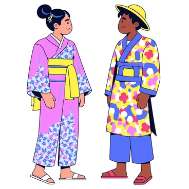 Two individuals stand face to face, each wearing traditional attire that represents their distinct cultures. The first individual is dressed in a vibrant, patterned kimono with intricate floral designs and a wide obi belt. Their hair is elegantly styled, adorned with a decorative hairpin. The second individual is wearing a colorful dashiki that features bold geometric patterns and bright colors, complemented by a matching hat. The background is simple and unobtrusive, allowing the focus to remain on their attire and expressions.
