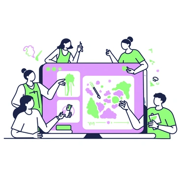 A group of illustrators from different parts of the world is gathered in a virtual workspace. Each illustrator is represented by a digital avatar on the screen. They are shown in various creative poses, engaged in discussions and sharing artwork. On the screen, there are multiple panels displaying diverse illustrations, with styles ranging from whimsical to realistic. In the background, small icons represent tools such as paintbrushes and color palettes, indicating the digital nature of their collaboration. Some avatars are pointing at the shared artwork, while others are taking notes or actively sketching on their devices.