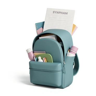 A large backpack, made of durable fabric, sits on a flat surface. The backpack is filled to the brim with various supplies including notebooks, colorful pens, a water bottle, and a calculator. Peeking out from the top of the backpack is a neatly folded syllabus, printed on crisp white paper with clear headings and bullet points, providing an organized overview of the course. The backpack's zippers are slightly open, showcasing the abundance of items inside.