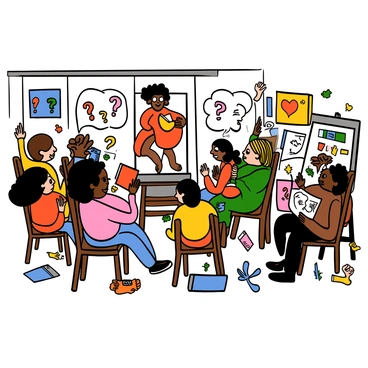 A bright art classroom filled with students sitting at easels with art supplies scattered around. In the center of the room, a live model is posing gracefully on a platform. The model is wearing a flowing garment, striking a thoughtful pose. Several students, a mix of light-skinned and dark-skinned individuals, are raising their hands to ask questions. One student with big eyes and curly hair is leaning forward with a sketchbook in hand, while another student with big eyes and straight hair is looking intently at the model, pencil poised above paper. The walls of the classroom are decorated with colorful artworks created by the students.