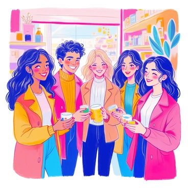 A group of diverse customers stands together, each holding a product in their hands. The customers include individuals of different ethnic backgrounds and ages, exhibiting a range of joyful expressions. They are smiling brightly, reflecting satisfaction with the product. The scene is set in a bright and welcoming environment, with soft lighting emphasizing their happy faces. In the background, there are subtle elements like shelves of products and decorations that enhance the feeling of a lively store atmosphere.