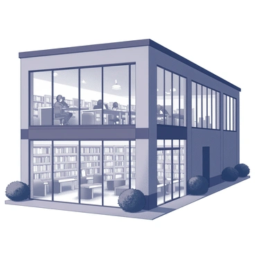A library building stands prominently at night. The structure is characterized by large glass windows that reveal the interior, where rows of bookshelves are filled with books. Soft light emanates from overhead lamps, casting gentle shadows and illuminating the reading areas. Inside, several people are seated at tables, some studying and others browsing through books. Outside, the night sky is visible, and the building is surrounded by a well-manicured garden, enhancing its inviting appearance.